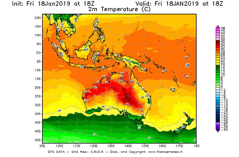 Mappa di analisi GFS - Temperatura a 2 metri dal suolo [°C] in Oceania
							del 18/01/2019 18 <!--googleoff: index-->UTC<!--googleon: index-->