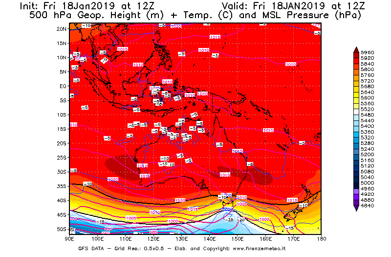Mappa di analisi GFS - Geopotenziale [m] + Temp. [°C] a 500 hPa + Press. a livello del mare [hPa] in Oceania
									del 18/01/2019 12 <!--googleoff: index-->UTC<!--googleon: index-->
