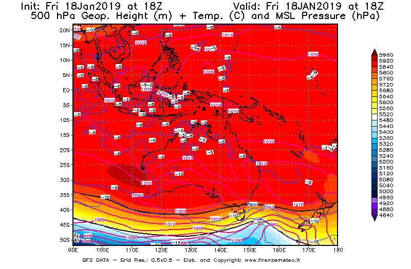 Mappa di analisi GFS - Geopotenziale [m] + Temp. [°C] a 500 hPa + Press. a livello del mare [hPa] in Oceania
							del 18/01/2019 18 <!--googleoff: index-->UTC<!--googleon: index-->