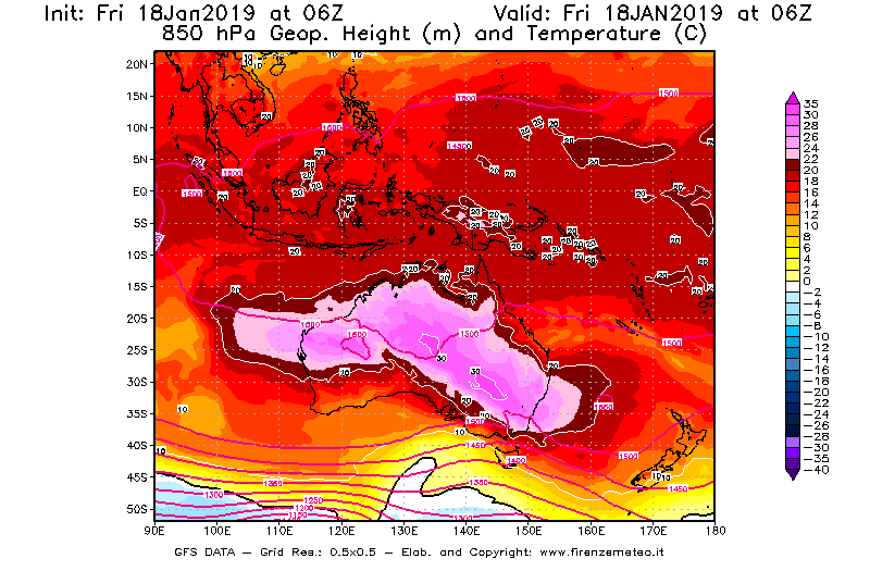 Mappa di analisi GFS - Geopotenziale [m] e Temperatura [°C] a 850 hPa in Oceania
									del 18/01/2019 06 <!--googleoff: index-->UTC<!--googleon: index-->