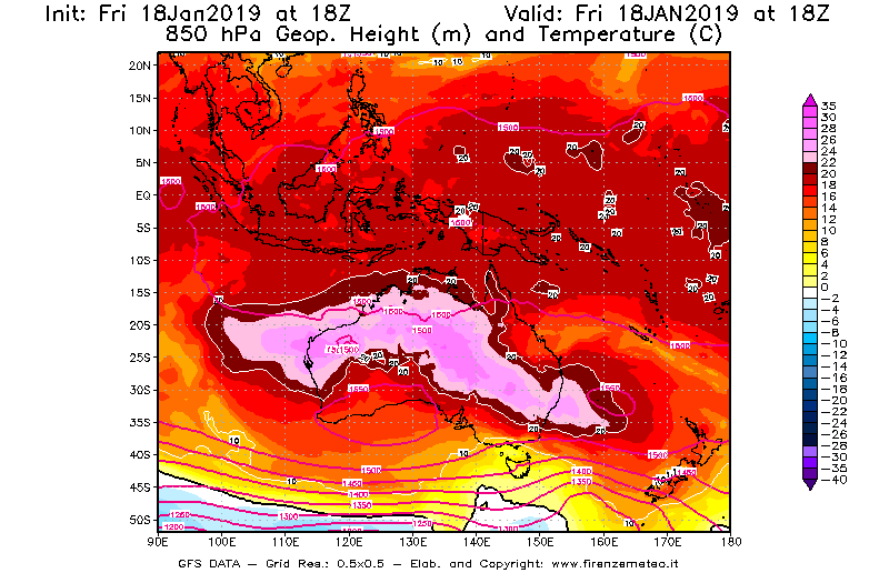 Mappa di analisi GFS - Geopotenziale [m] e Temperatura [°C] a 850 hPa in Oceania
									del 18/01/2019 18 <!--googleoff: index-->UTC<!--googleon: index-->