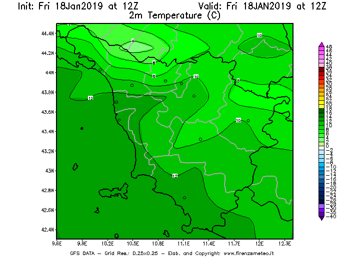 Mappa di analisi GFS - Temperatura a 2 metri dal suolo [°C] in Toscana
									del 18/01/2019 12 <!--googleoff: index-->UTC<!--googleon: index-->