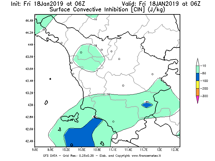 Mappa di analisi GFS - CIN [J/kg] in Toscana
							del 18/01/2019 06 <!--googleoff: index-->UTC<!--googleon: index-->
