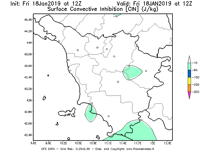Mappa di analisi GFS - CIN [J/kg] in Toscana
									del 18/01/2019 12 <!--googleoff: index-->UTC<!--googleon: index-->