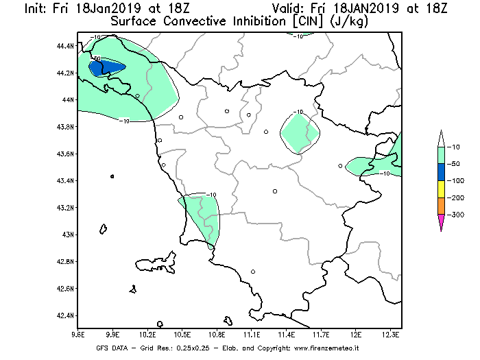 Mappa di analisi GFS - CIN [J/kg] in Toscana
									del 18/01/2019 18 <!--googleoff: index-->UTC<!--googleon: index-->