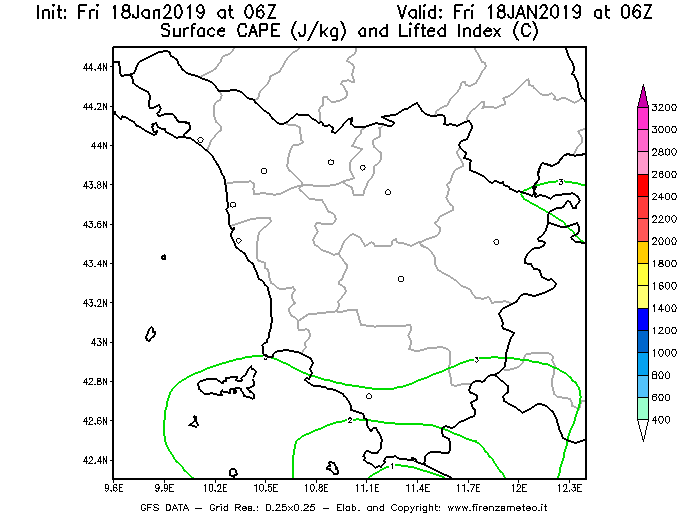 Mappa di analisi GFS - CAPE [J/kg] e Lifted Index [°C] in Toscana
							del 18/01/2019 06 <!--googleoff: index-->UTC<!--googleon: index-->