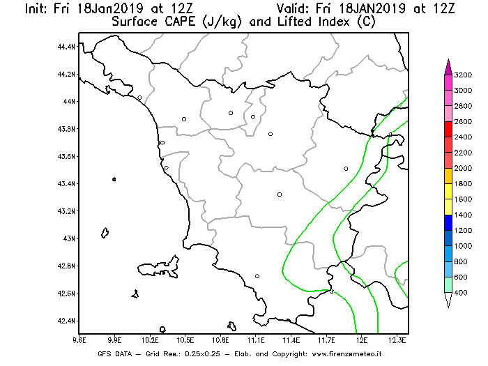 Mappa di analisi GFS - CAPE [J/kg] e Lifted Index [°C] in Toscana
							del 18/01/2019 12 <!--googleoff: index-->UTC<!--googleon: index-->