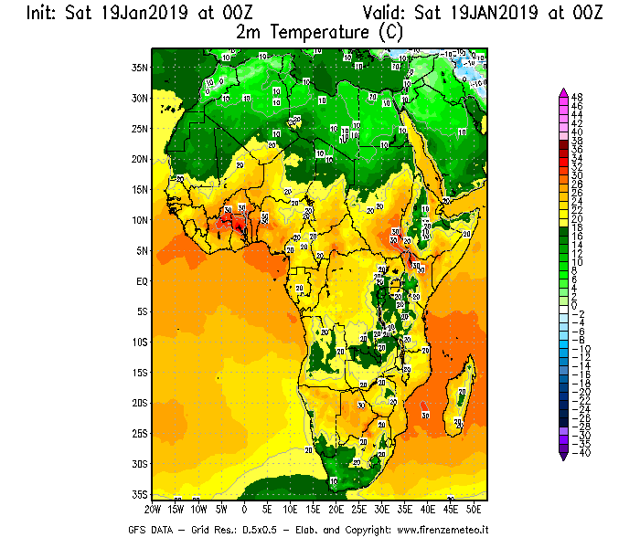 Mappa di analisi GFS - Temperatura a 2 metri dal suolo [°C] in Africa
									del 19/01/2019 00 <!--googleoff: index-->UTC<!--googleon: index-->
