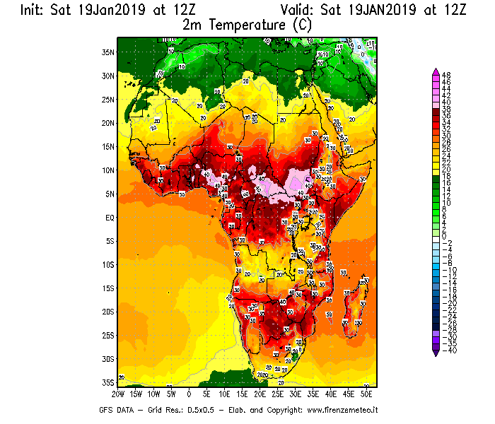Mappa di analisi GFS - Temperatura a 2 metri dal suolo [°C] in Africa
							del 19/01/2019 12 <!--googleoff: index-->UTC<!--googleon: index-->