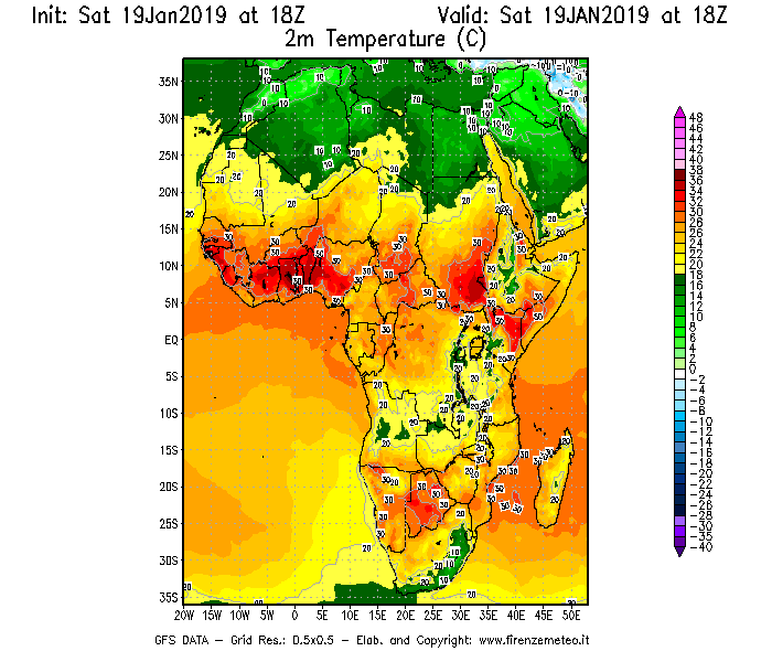 Mappa di analisi GFS - Temperatura a 2 metri dal suolo [°C] in Africa
							del 19/01/2019 18 <!--googleoff: index-->UTC<!--googleon: index-->
