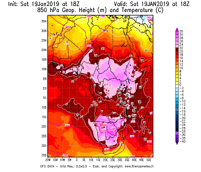 Mappa di analisi GFS - Geopotenziale [m] e Temperatura [°C] a 850 hPa in Africa
							del 19/01/2019 18 <!--googleoff: index-->UTC<!--googleon: index-->