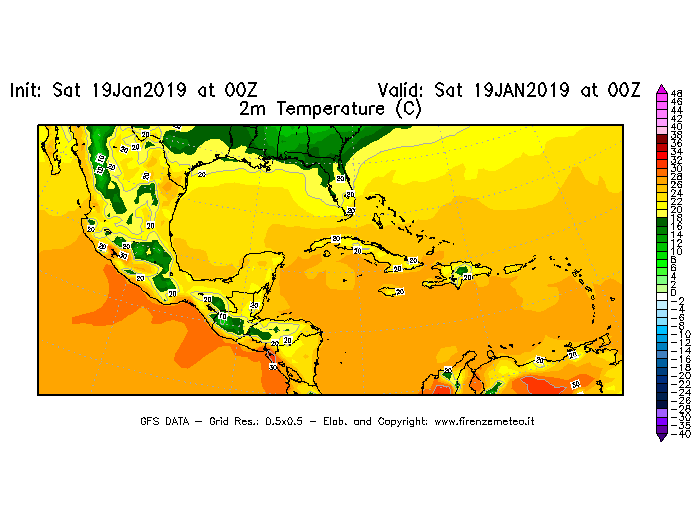 Mappa di analisi GFS - Temperatura a 2 metri dal suolo [°C] in Centro-America
									del 19/01/2019 00 <!--googleoff: index-->UTC<!--googleon: index-->