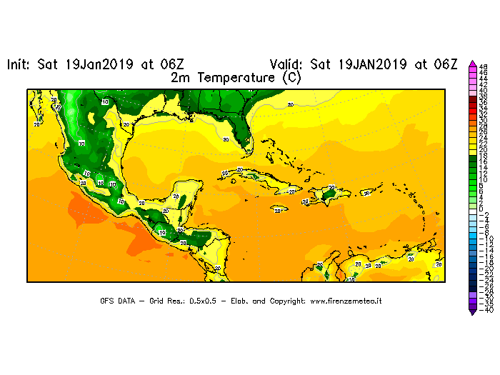 Mappa di analisi GFS - Temperatura a 2 metri dal suolo [°C] in Centro-America
									del 19/01/2019 06 <!--googleoff: index-->UTC<!--googleon: index-->
