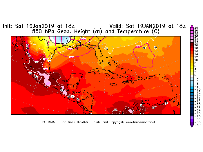 Mappa di analisi GFS - Geopotenziale [m] e Temperatura [°C] a 850 hPa in Centro-America
									del 19/01/2019 18 <!--googleoff: index-->UTC<!--googleon: index-->