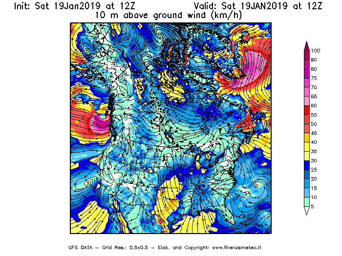 Mappa di analisi GFS - Velocità del vento a 10 metri dal suolo [km/h] in Nord-America
							del 19/01/2019 12 <!--googleoff: index-->UTC<!--googleon: index-->