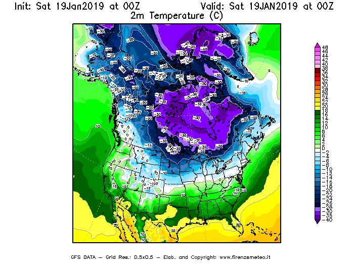 Mappa di analisi GFS - Temperatura a 2 metri dal suolo [°C] in Nord-America
									del 19/01/2019 00 <!--googleoff: index-->UTC<!--googleon: index-->