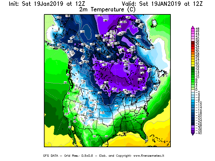 Mappa di analisi GFS - Temperatura a 2 metri dal suolo [°C] in Nord-America
							del 19/01/2019 12 <!--googleoff: index-->UTC<!--googleon: index-->