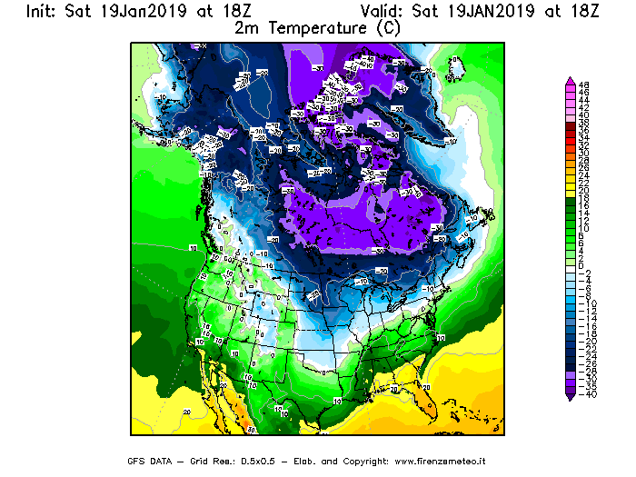 Mappa di analisi GFS - Temperatura a 2 metri dal suolo [°C] in Nord-America
									del 19/01/2019 18 <!--googleoff: index-->UTC<!--googleon: index-->