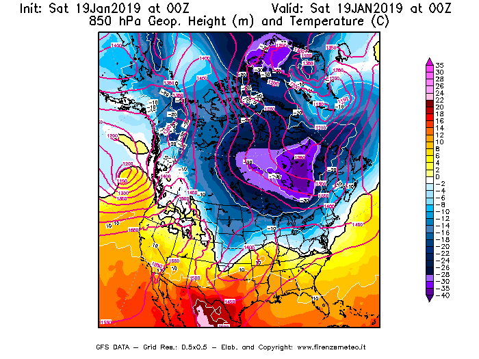 Mappa di analisi GFS - Geopotenziale [m] e Temperatura [°C] a 850 hPa in Nord-America
									del 19/01/2019 00 <!--googleoff: index-->UTC<!--googleon: index-->