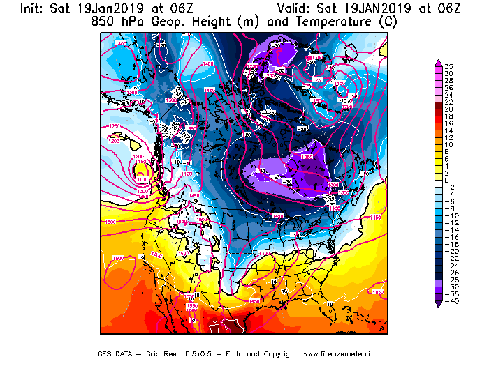 Mappa di analisi GFS - Geopotenziale [m] e Temperatura [°C] a 850 hPa in Nord-America
							del 19/01/2019 06 <!--googleoff: index-->UTC<!--googleon: index-->