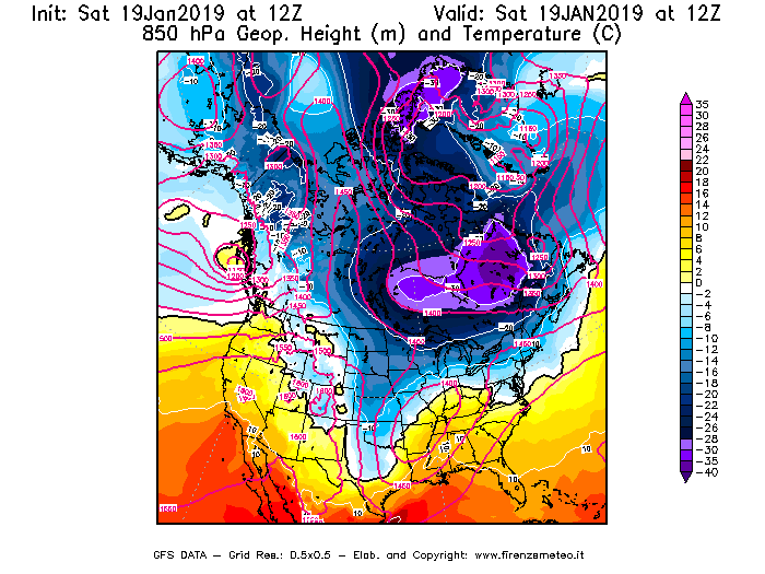 Mappa di analisi GFS - Geopotenziale [m] e Temperatura [°C] a 850 hPa in Nord-America
									del 19/01/2019 12 <!--googleoff: index-->UTC<!--googleon: index-->