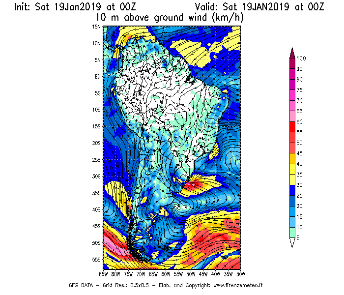 Mappa di analisi GFS - Velocità del vento a 10 metri dal suolo [km/h] in Sud-America
							del 19/01/2019 00 <!--googleoff: index-->UTC<!--googleon: index-->