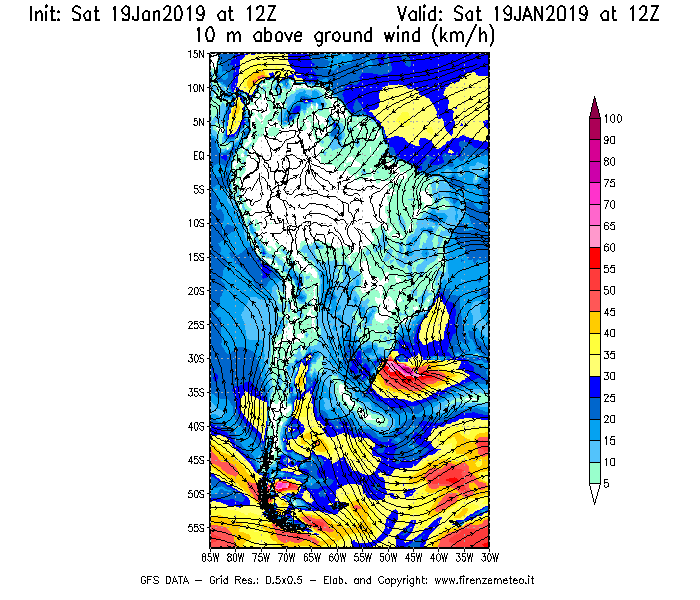 Mappa di analisi GFS - Velocità del vento a 10 metri dal suolo [km/h] in Sud-America
							del 19/01/2019 12 <!--googleoff: index-->UTC<!--googleon: index-->