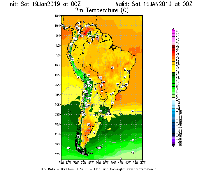 Mappa di analisi GFS - Temperatura a 2 metri dal suolo [°C] in Sud-America
							del 19/01/2019 00 <!--googleoff: index-->UTC<!--googleon: index-->