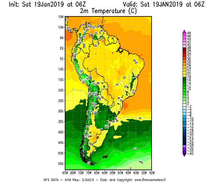 Mappa di analisi GFS - Temperatura a 2 metri dal suolo [°C] in Sud-America
							del 19/01/2019 06 <!--googleoff: index-->UTC<!--googleon: index-->