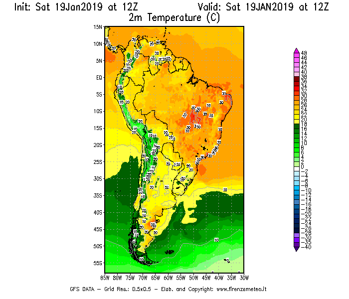 Mappa di analisi GFS - Temperatura a 2 metri dal suolo [°C] in Sud-America
									del 19/01/2019 12 <!--googleoff: index-->UTC<!--googleon: index-->