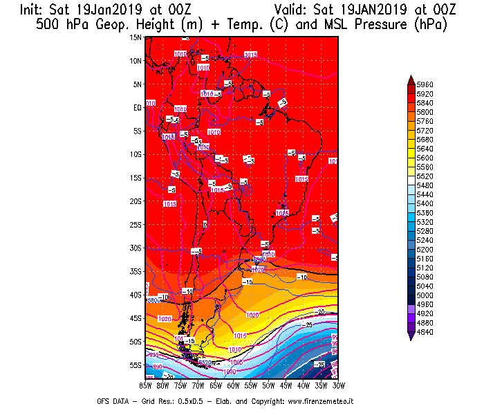 Mappa di analisi GFS - Geopotenziale [m] + Temp. [°C] a 500 hPa + Press. a livello del mare [hPa] in Sud-America
							del 19/01/2019 00 <!--googleoff: index-->UTC<!--googleon: index-->