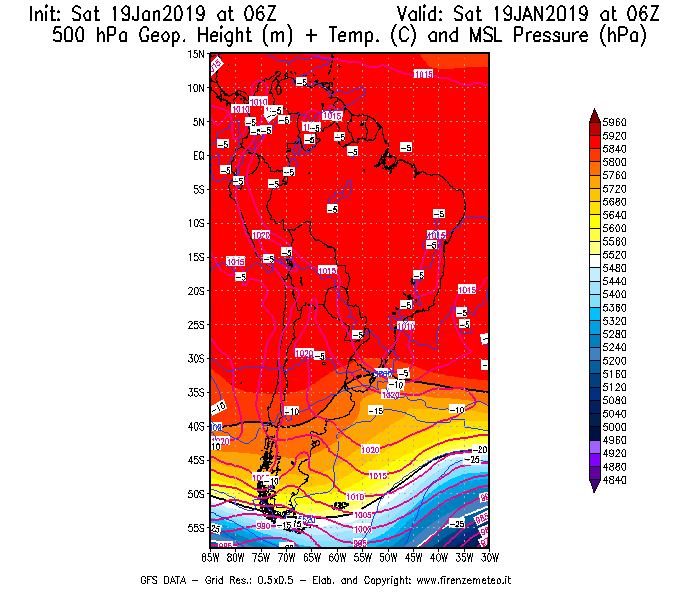 Mappa di analisi GFS - Geopotenziale [m] + Temp. [°C] a 500 hPa + Press. a livello del mare [hPa] in Sud-America
							del 19/01/2019 06 <!--googleoff: index-->UTC<!--googleon: index-->