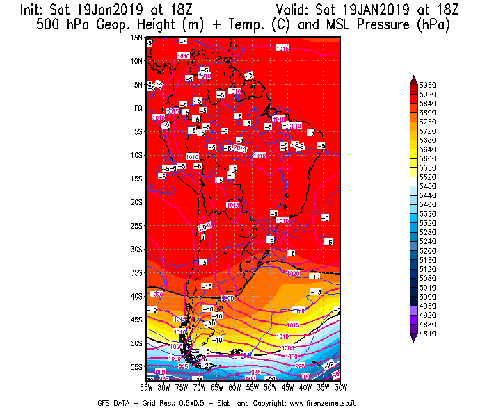 Mappa di analisi GFS - Geopotenziale [m] + Temp. [°C] a 500 hPa + Press. a livello del mare [hPa] in Sud-America
							del 19/01/2019 18 <!--googleoff: index-->UTC<!--googleon: index-->
