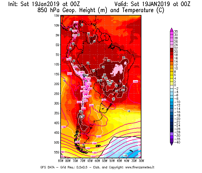 Mappa di analisi GFS - Geopotenziale [m] e Temperatura [°C] a 850 hPa in Sud-America
									del 19/01/2019 00 <!--googleoff: index-->UTC<!--googleon: index-->