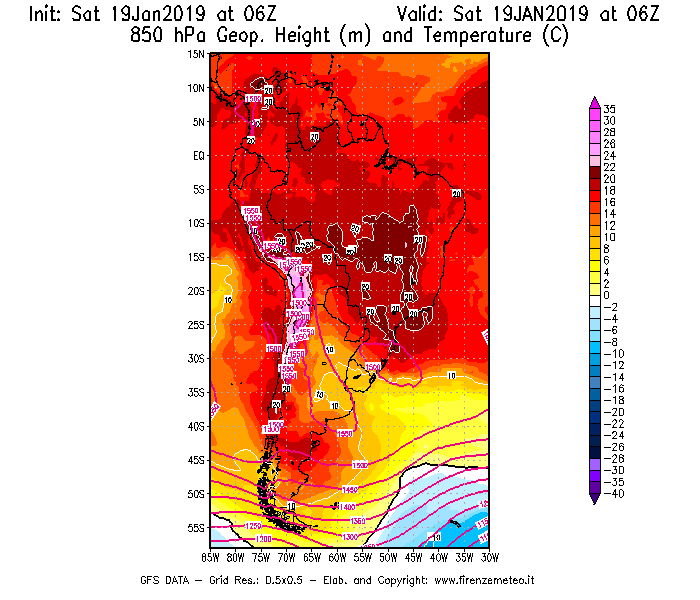 Mappa di analisi GFS - Geopotenziale [m] e Temperatura [°C] a 850 hPa in Sud-America
							del 19/01/2019 06 <!--googleoff: index-->UTC<!--googleon: index-->