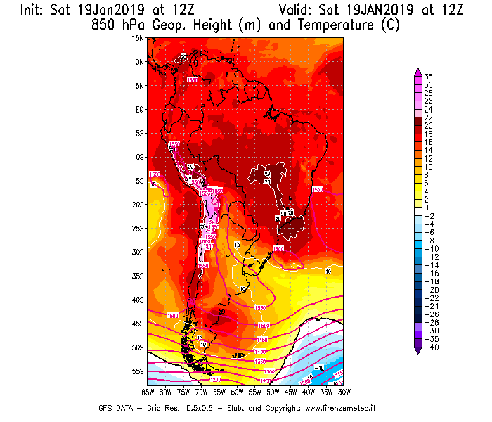 Mappa di analisi GFS - Geopotenziale [m] e Temperatura [°C] a 850 hPa in Sud-America
							del 19/01/2019 12 <!--googleoff: index-->UTC<!--googleon: index-->