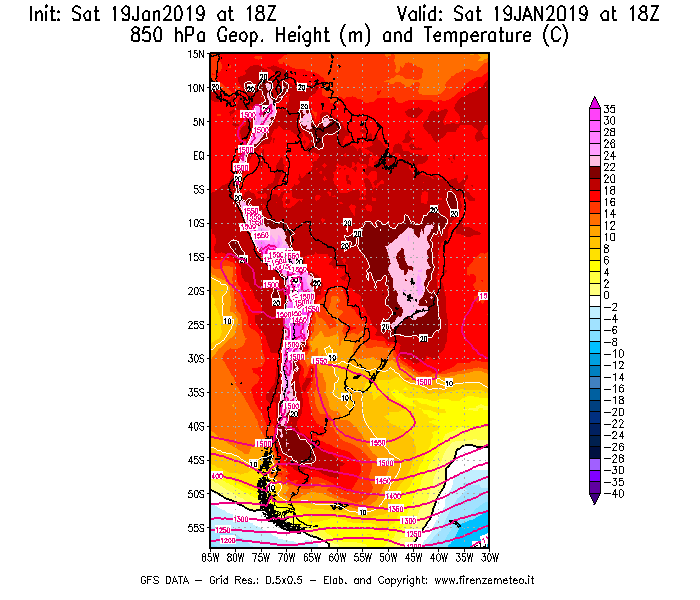 Mappa di analisi GFS - Geopotenziale [m] e Temperatura [°C] a 850 hPa in Sud-America
							del 19/01/2019 18 <!--googleoff: index-->UTC<!--googleon: index-->