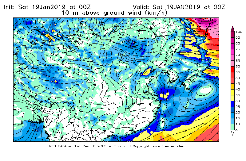Mappa di analisi GFS - Velocità del vento a 10 metri dal suolo [km/h] in Asia Orientale
							del 19/01/2019 00 <!--googleoff: index-->UTC<!--googleon: index-->