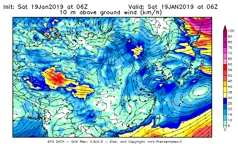 Mappa di analisi GFS - Velocità del vento a 10 metri dal suolo [km/h] in Asia Orientale
							del 19/01/2019 06 <!--googleoff: index-->UTC<!--googleon: index-->