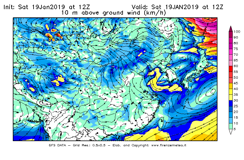 Mappa di analisi GFS - Velocità del vento a 10 metri dal suolo [km/h] in Asia Orientale
							del 19/01/2019 12 <!--googleoff: index-->UTC<!--googleon: index-->