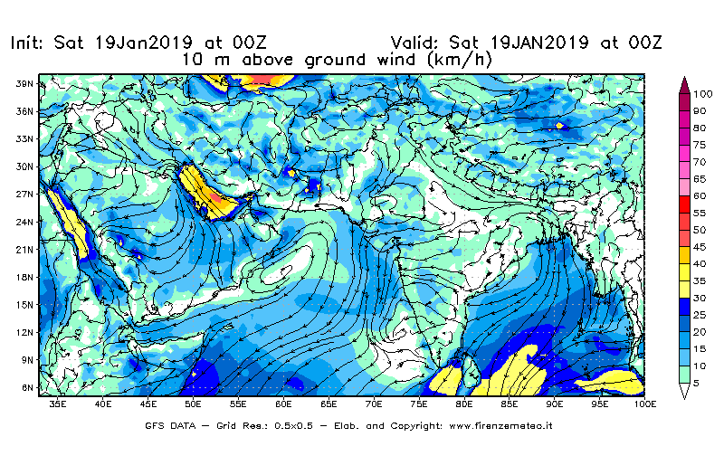 Mappa di analisi GFS - Velocità del vento a 10 metri dal suolo [km/h] in Asia Sud-Occidentale
									del 19/01/2019 00 <!--googleoff: index-->UTC<!--googleon: index-->