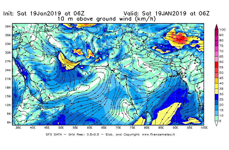 Mappa di analisi GFS - Velocità del vento a 10 metri dal suolo [km/h] in Asia Sud-Occidentale
							del 19/01/2019 06 <!--googleoff: index-->UTC<!--googleon: index-->