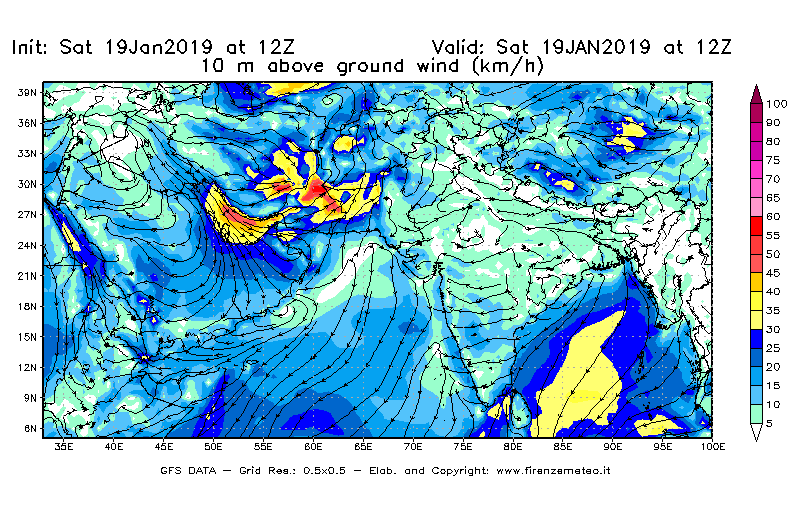 Mappa di analisi GFS - Velocità del vento a 10 metri dal suolo [km/h] in Asia Sud-Occidentale
							del 19/01/2019 12 <!--googleoff: index-->UTC<!--googleon: index-->