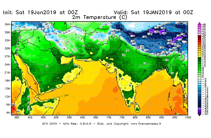 Mappa di analisi GFS - Temperatura a 2 metri dal suolo [°C] in Asia Sud-Occidentale
									del 19/01/2019 00 <!--googleoff: index-->UTC<!--googleon: index-->