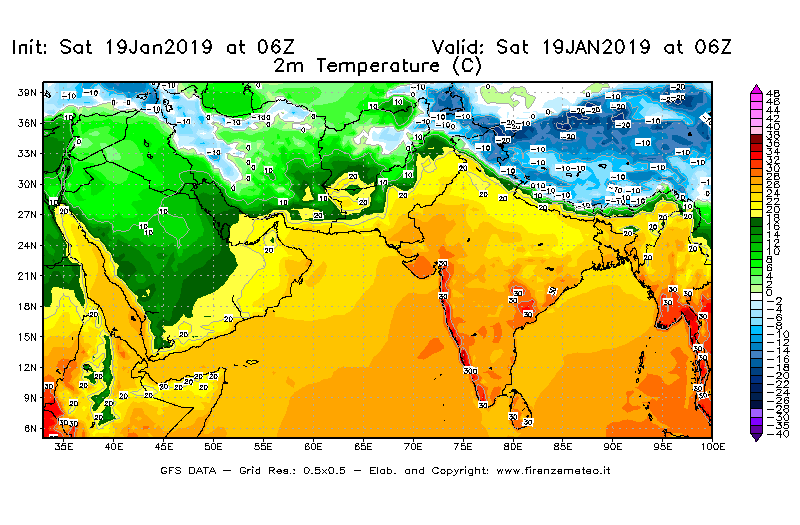 Mappa di analisi GFS - Temperatura a 2 metri dal suolo [°C] in Asia Sud-Occidentale
									del 19/01/2019 06 <!--googleoff: index-->UTC<!--googleon: index-->