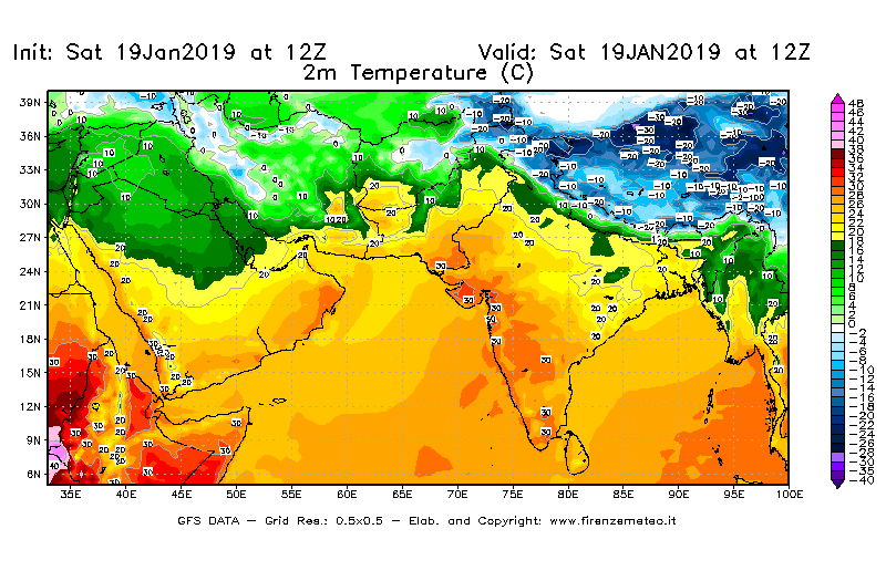 Mappa di analisi GFS - Temperatura a 2 metri dal suolo [°C] in Asia Sud-Occidentale
							del 19/01/2019 12 <!--googleoff: index-->UTC<!--googleon: index-->