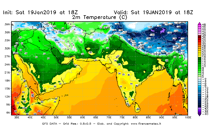 Mappa di analisi GFS - Temperatura a 2 metri dal suolo [°C] in Asia Sud-Occidentale
							del 19/01/2019 18 <!--googleoff: index-->UTC<!--googleon: index-->