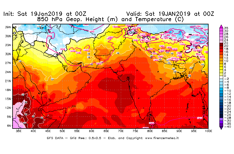 Mappa di analisi GFS - Geopotenziale [m] e Temperatura [°C] a 850 hPa in Asia Sud-Occidentale
									del 19/01/2019 00 <!--googleoff: index-->UTC<!--googleon: index-->