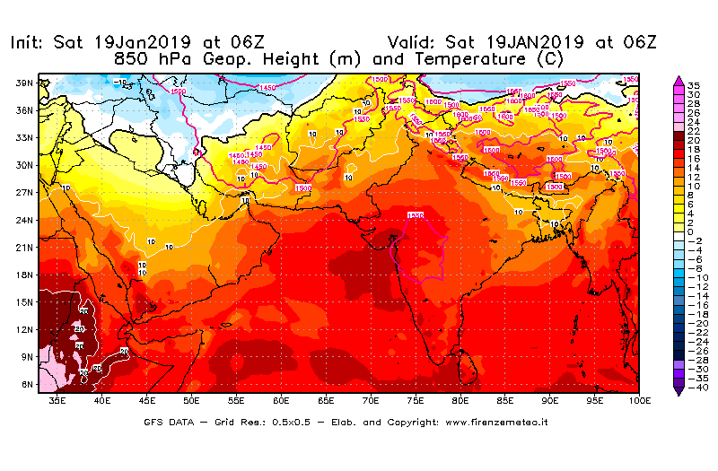 Mappa di analisi GFS - Geopotenziale [m] e Temperatura [°C] a 850 hPa in Asia Sud-Occidentale
							del 19/01/2019 06 <!--googleoff: index-->UTC<!--googleon: index-->