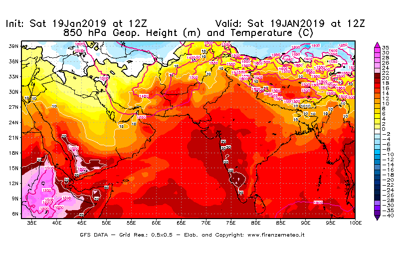 Mappa di analisi GFS - Geopotenziale [m] e Temperatura [°C] a 850 hPa in Asia Sud-Occidentale
							del 19/01/2019 12 <!--googleoff: index-->UTC<!--googleon: index-->